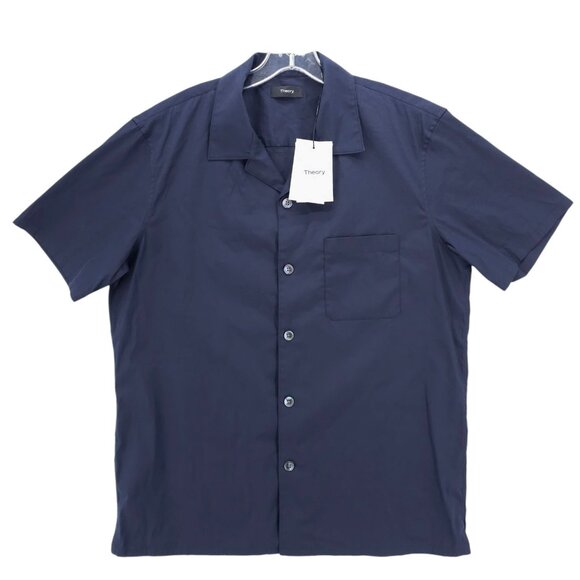 NWT THEORY Havana Wealth Short Sleeve Shirt Eclipse Blue Cotton Blend LARGE